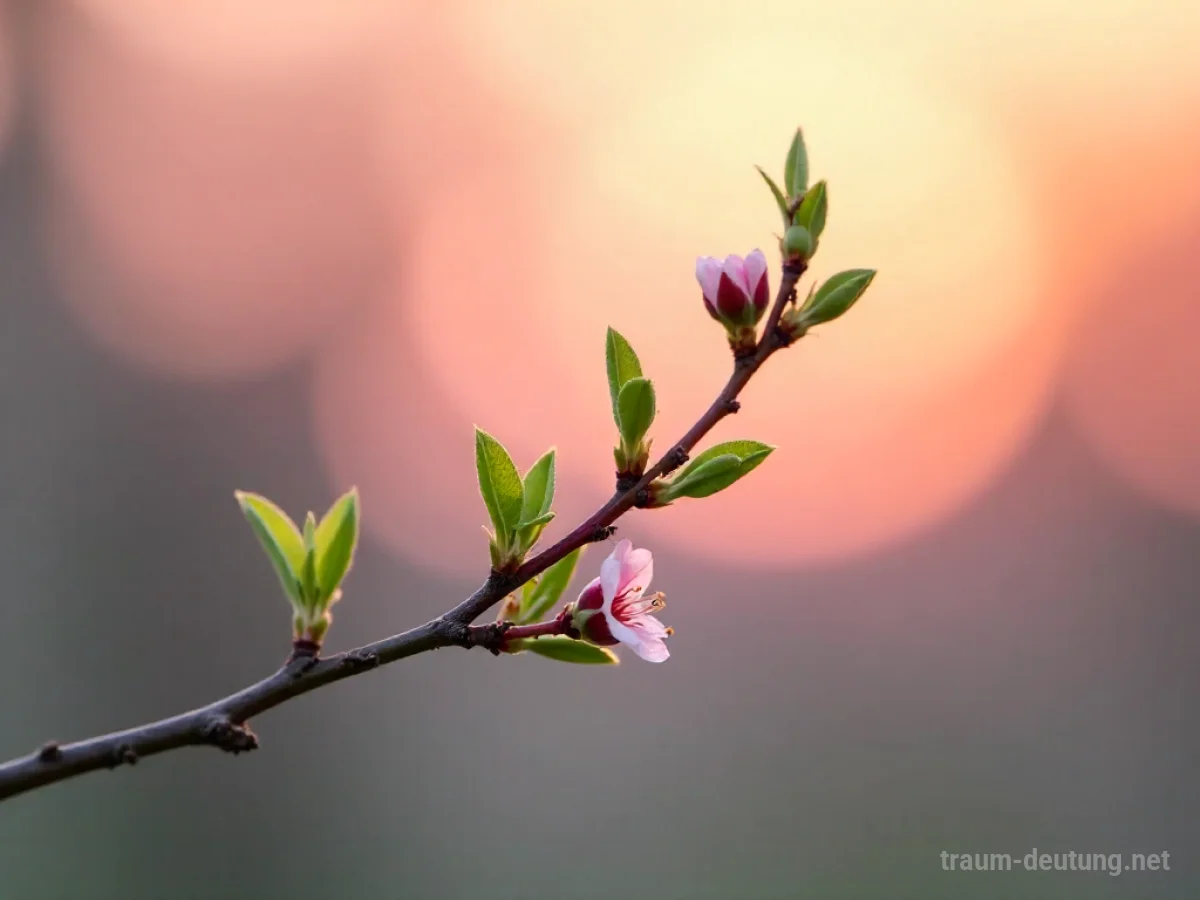 Ein einzelner blühender Zweig mit zarten Blättern und Blüten im sanften Morgenlicht.