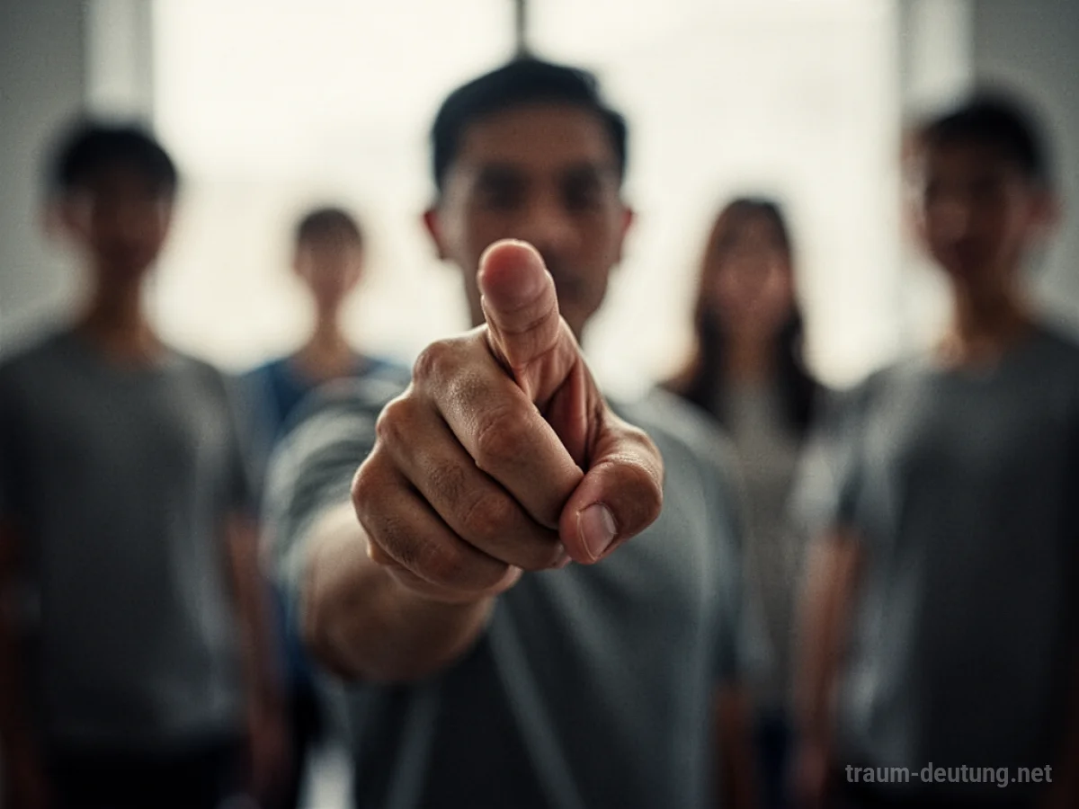 Eine Hand zeigt mit dem Finger nach vorne, im Hintergrund Silhouetten von Menschen.