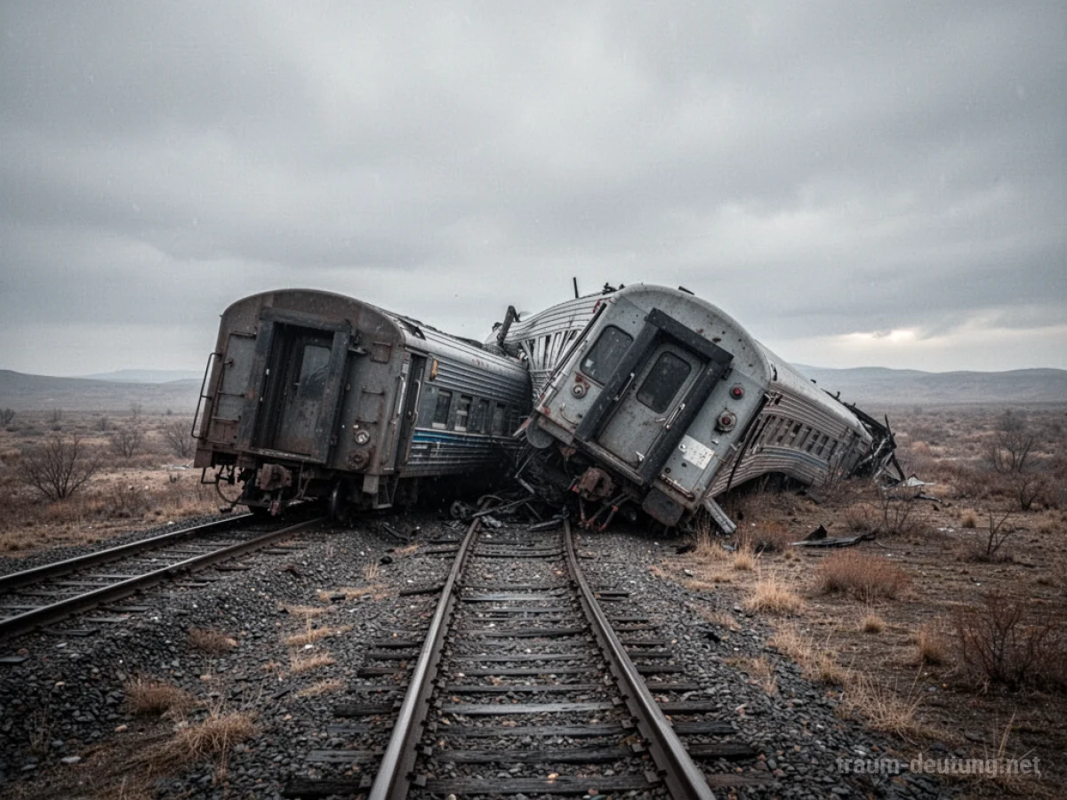 Entgleister Zug auf Bahngleisen in trostloser Landschaft
