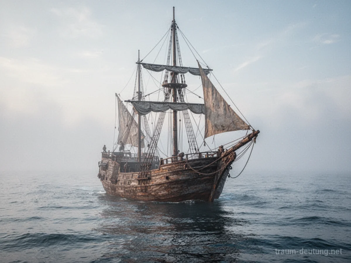 Altes Segelschiff auf ruhiger See im Nebel