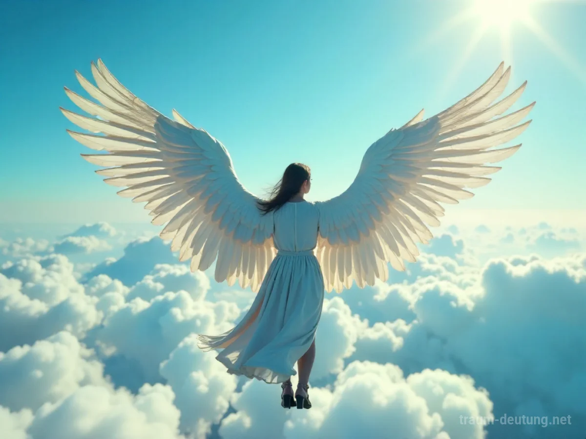Person mit Flügeln fliegt hoch am blauen Himmel