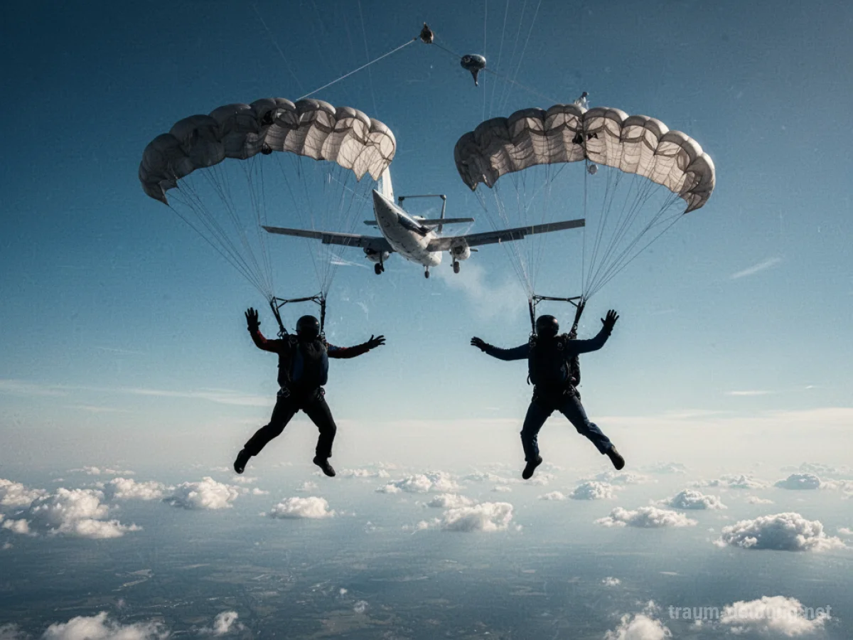 Zwei Silhouetten springen mit geöffneten Fallschirmen vom Flugzeug in den Himmel.