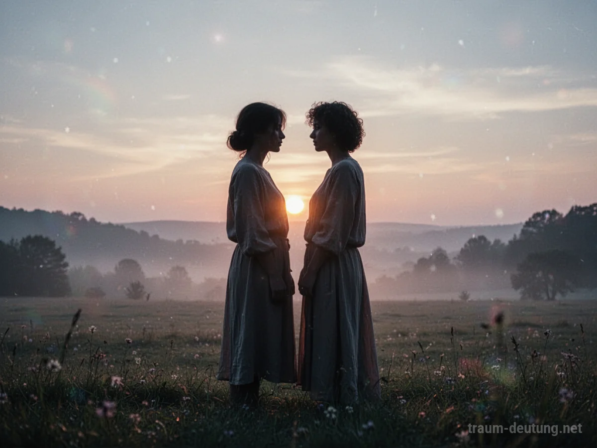 Zwei Silhouetten stehen sich in einer traumhaften Landschaft gegenüber.