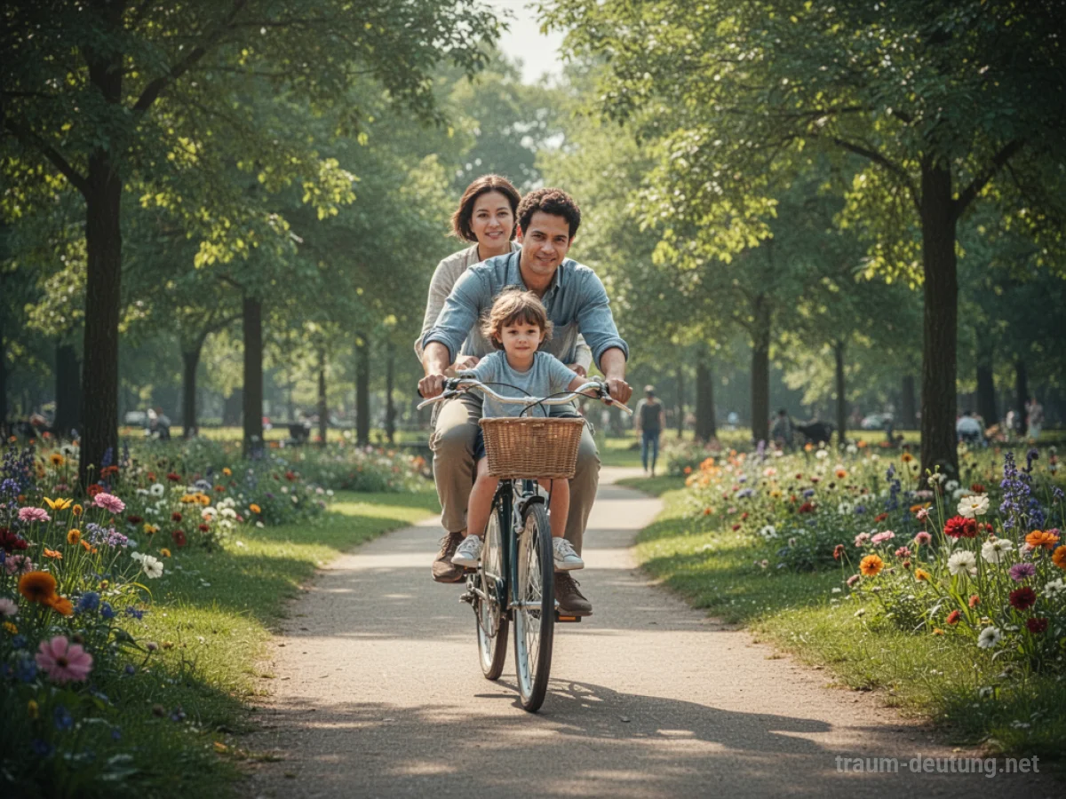 Ein Elternteil fährt mit einem Kind auf einem Fahrrad auf einem sonnigen Parkweg.