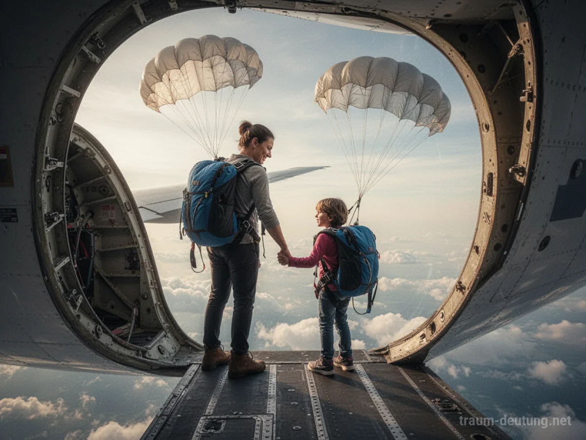 Person und Kind mit Fallschirmen stehen an Flugzeugtür