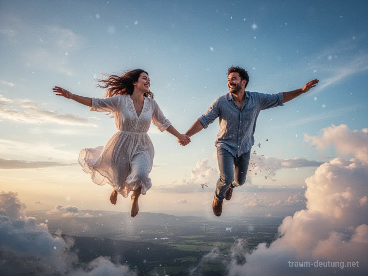 Ein Paar fliegt Hand in Hand durch einen sonnigen Himmel.