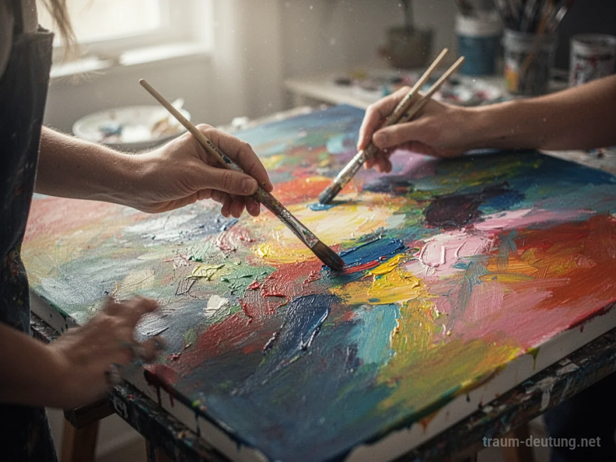 Hände malen lebendiges Bild mit vielen Farben