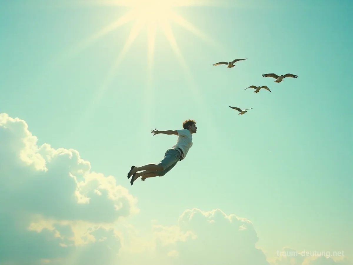 Person fliegt mit Vögeln am Himmel.