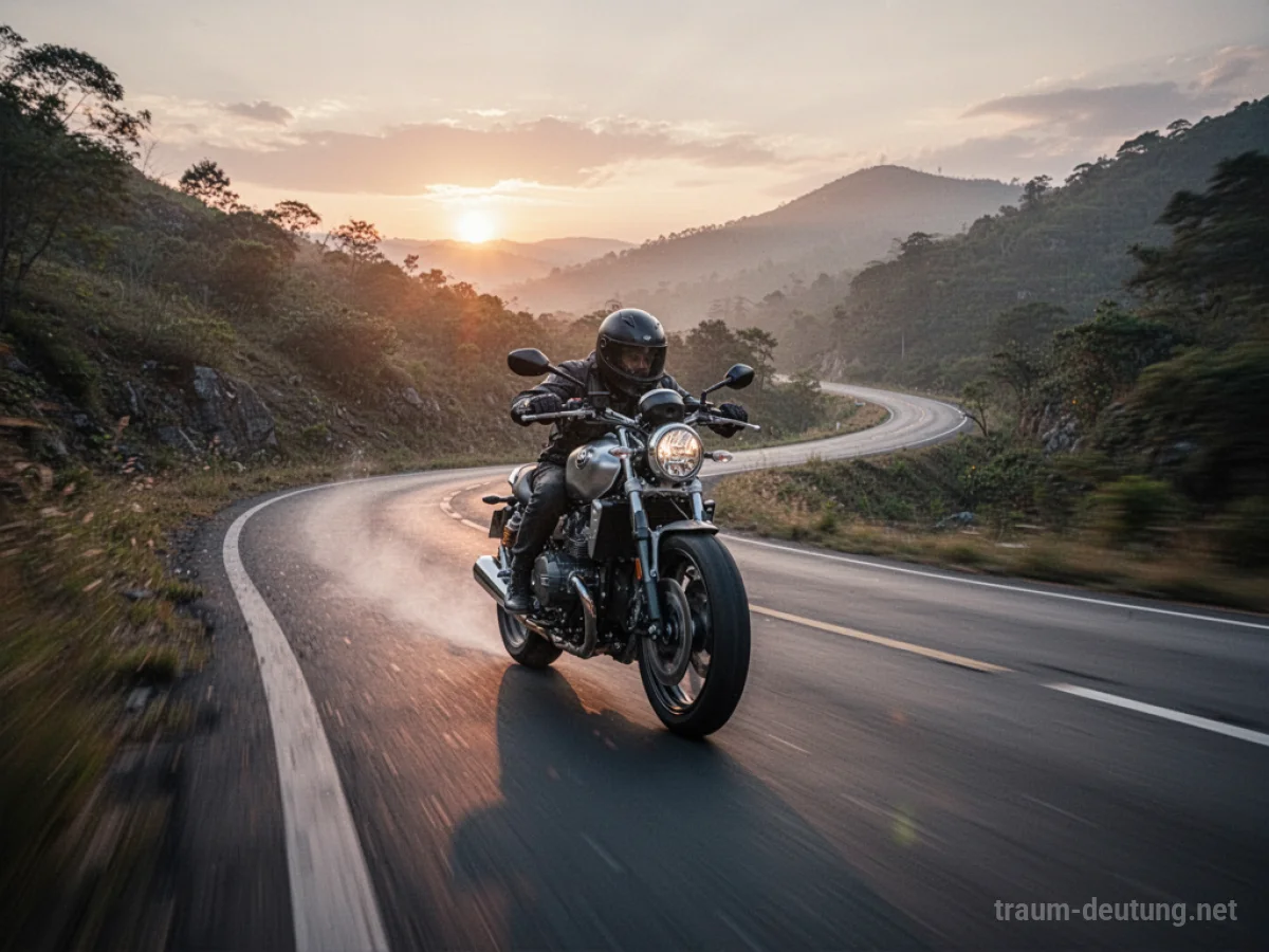 Motorrad fährt schnell auf einer kurvigen Straße im Sonnenuntergang