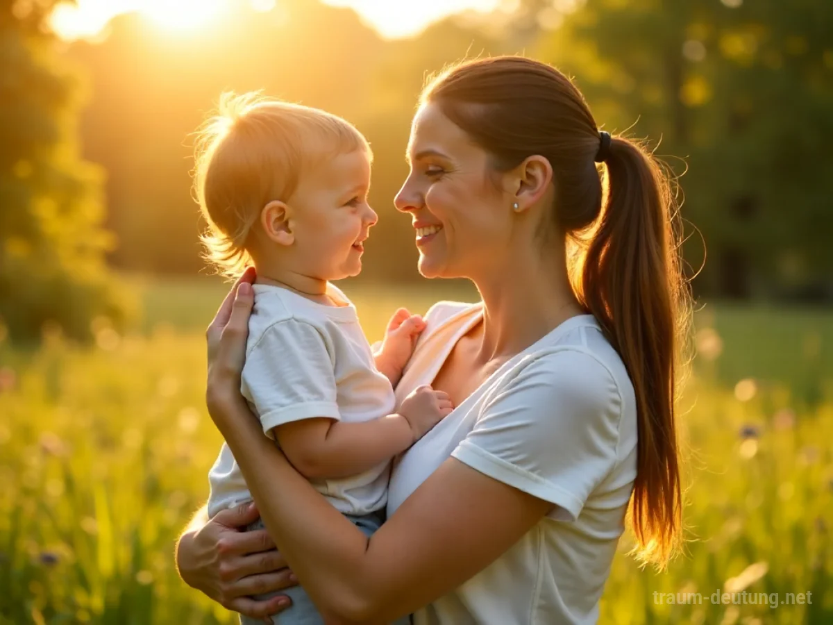 Mutter und Kind umarmen sich lächelnd in einem sonnigen Garten