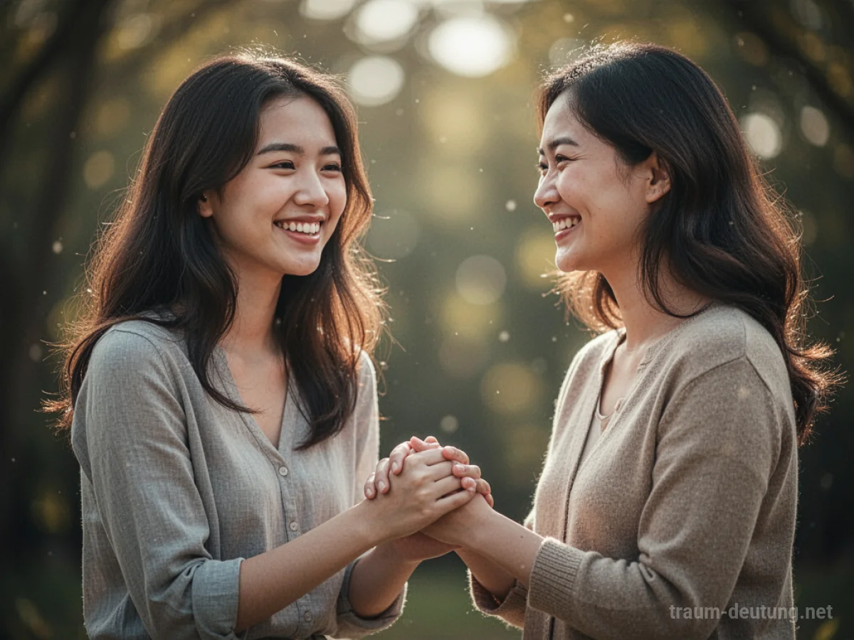 Zwei Frauen halten Händchen und lächeln sich an, eine neue Freundin im Traum.