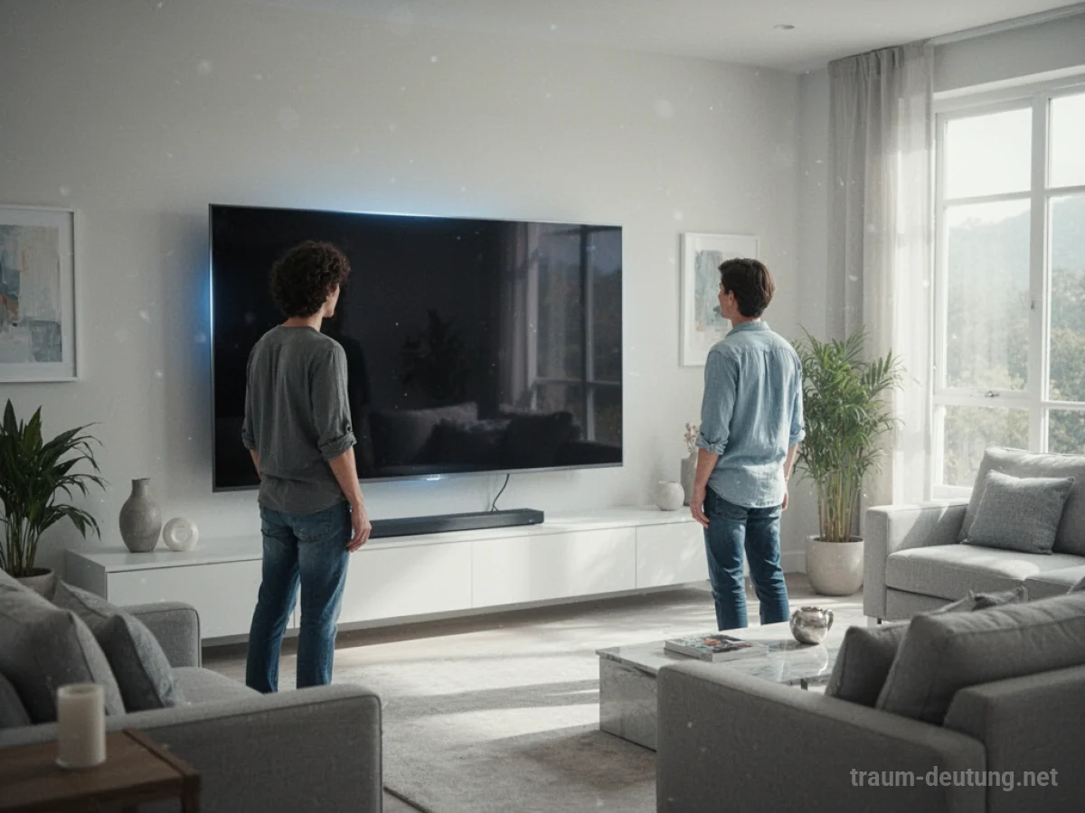 Person schaut auf einen neuen Fernseher in einem hellen Wohnzimmer.