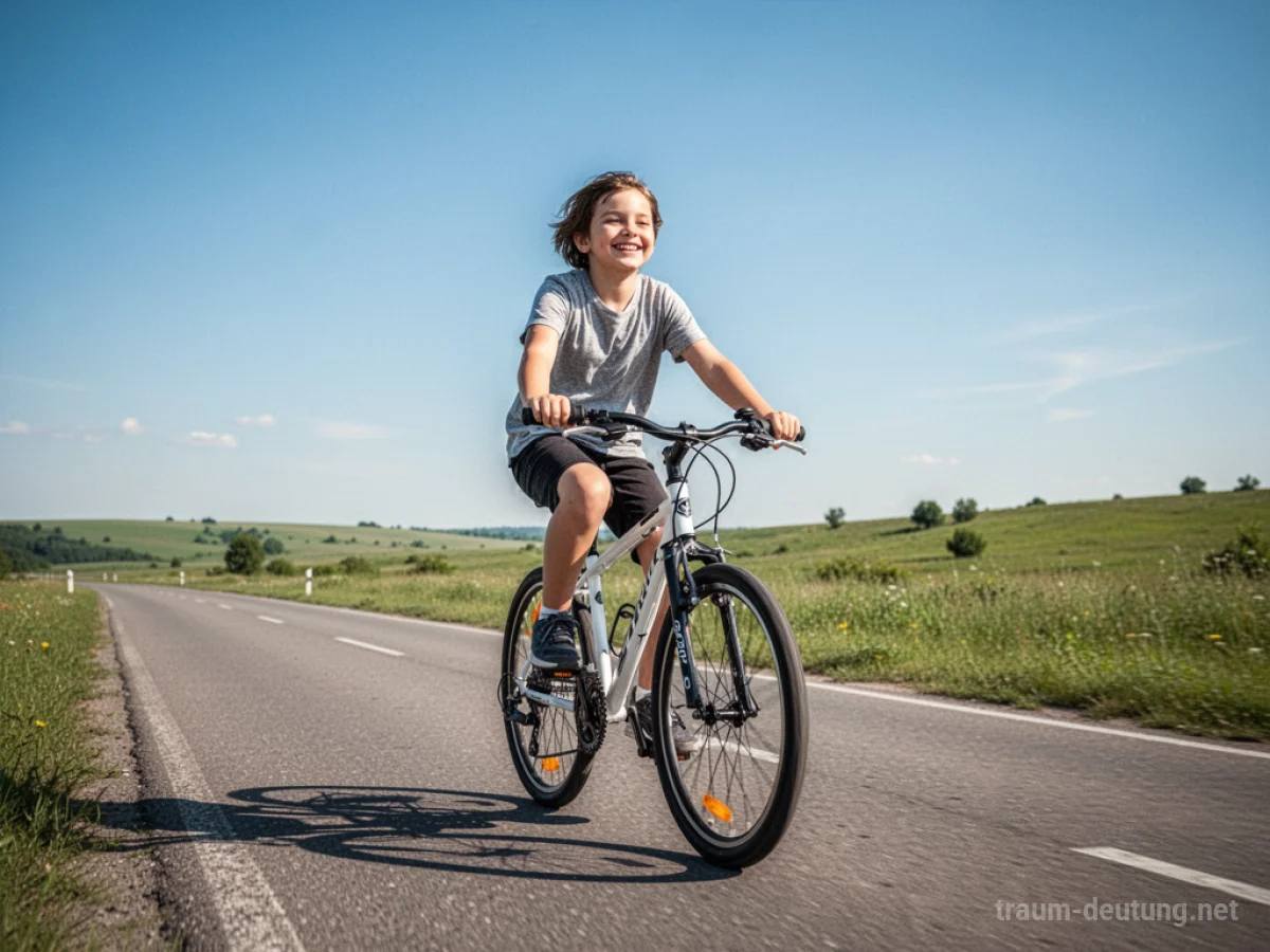 Eine Person fährt fröhlich ein neues Fahrrad auf einer sonnigen Straße.