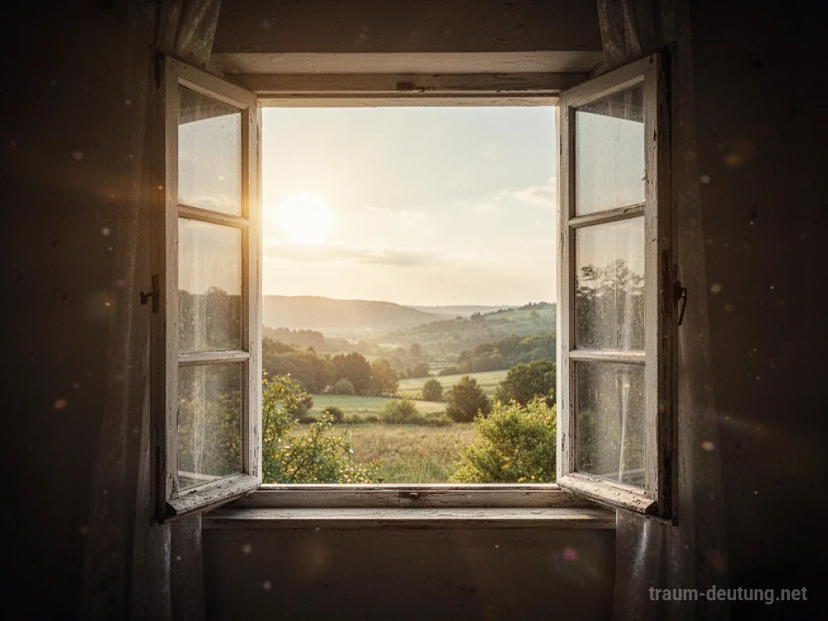 Ein offenes Fenster mit Blick auf eine sonnige Landschaft.