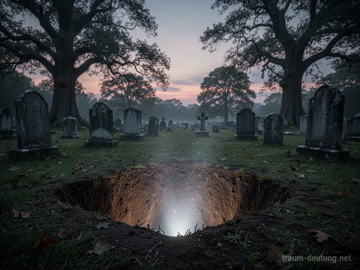 Ein offenes Grab in einem Friedhof bei Dämmerung, mit sanftem Licht aus der Tiefe.