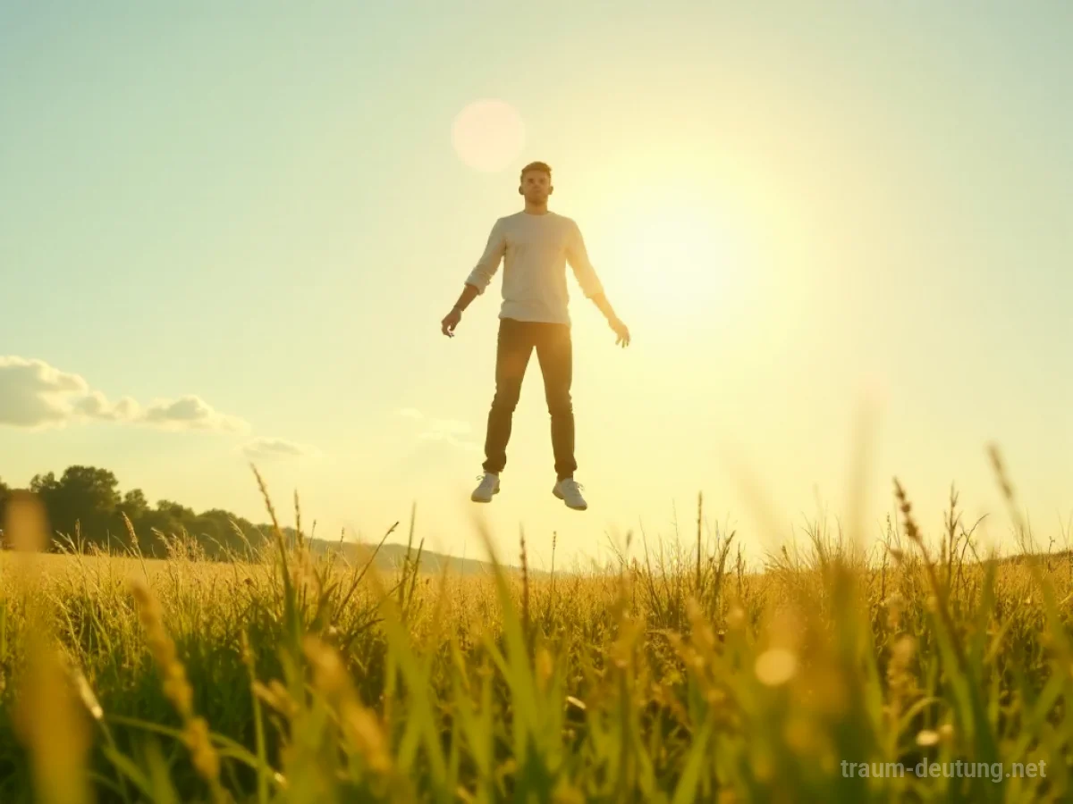Eine Person schwebt ohne Flügel friedlich im Traum über einer Landschaft.