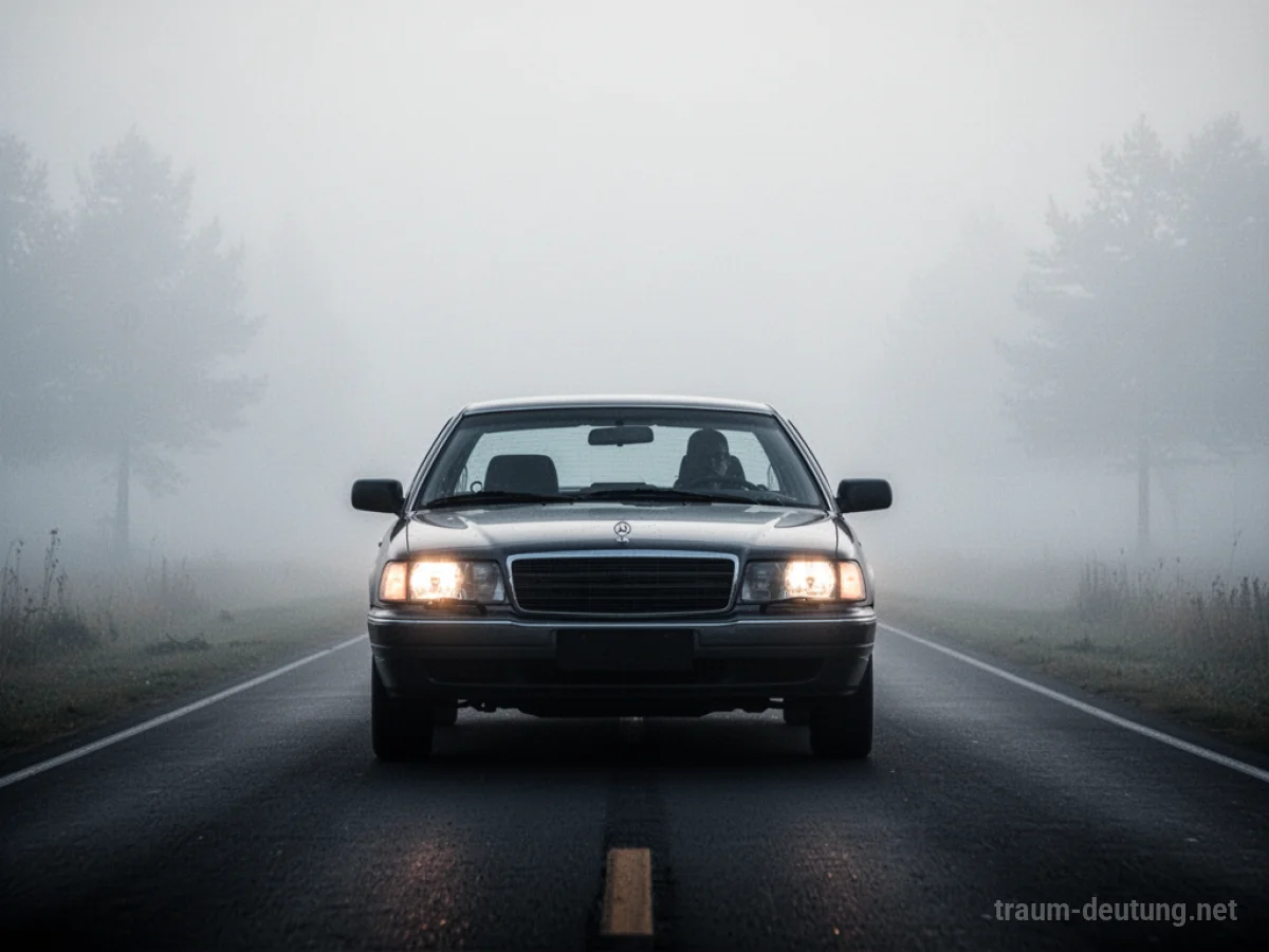 Ein Auto fährt auf einer Straße in dichten Nebel hinein, die Richtung ist unklar.