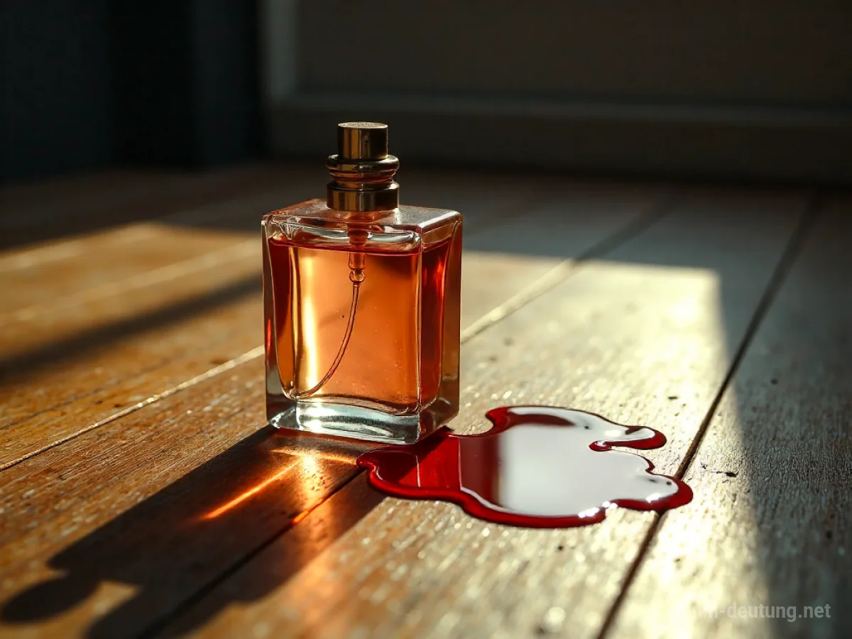 Zerbrochene Parfümflasche mit verschüttetem Inhalt auf dem Boden