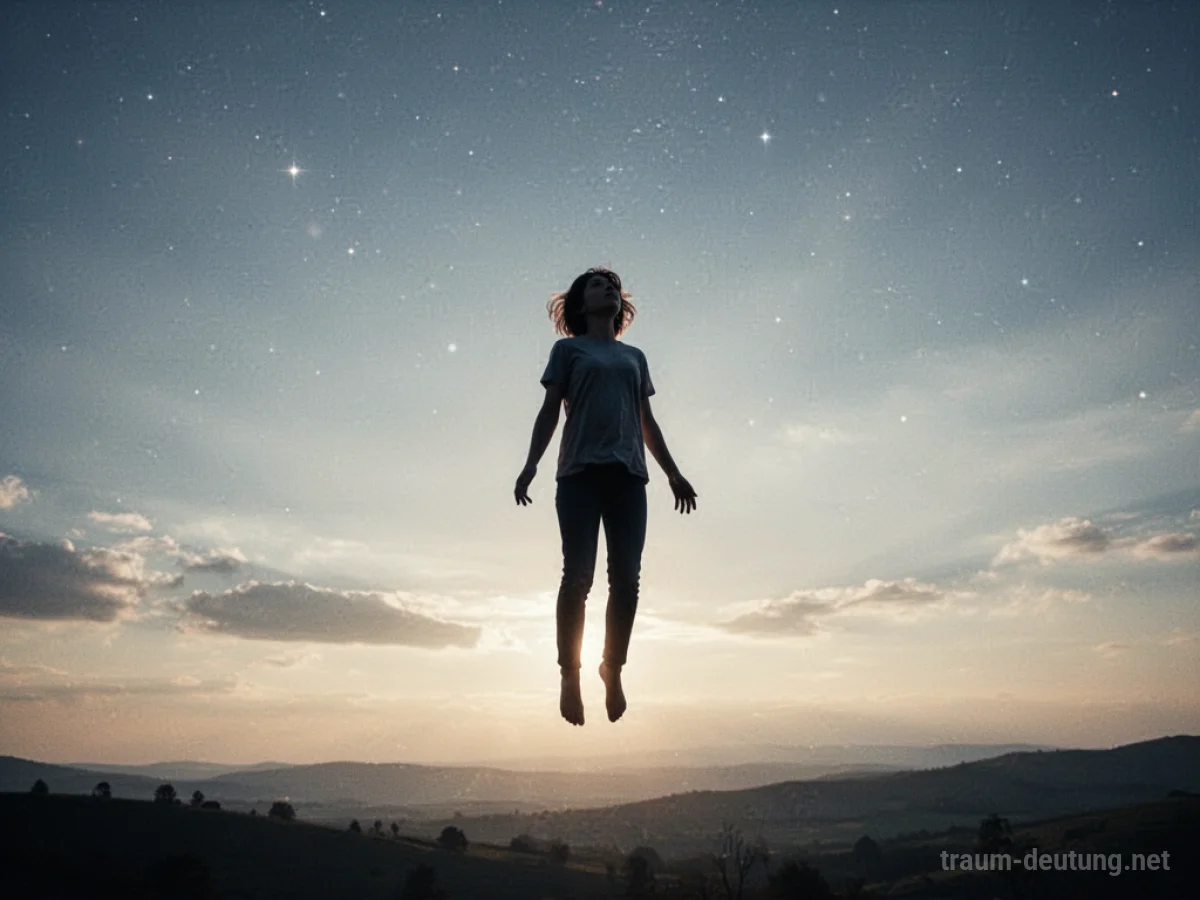Mann oder Frau fliegt langsam in den Himmel auf, über einer friedlichen Landschaft.