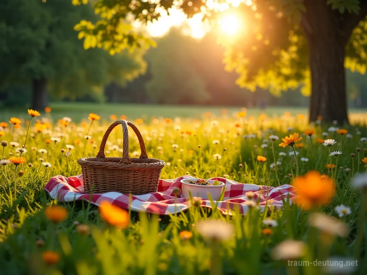 Ein sonniges Picknick im Frühling auf einer blühenden Wiese.