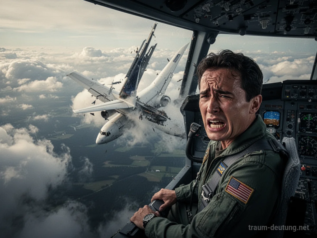 Pilot im Cockpit eines sinkenden Flugzeugs, blickt besorgt.