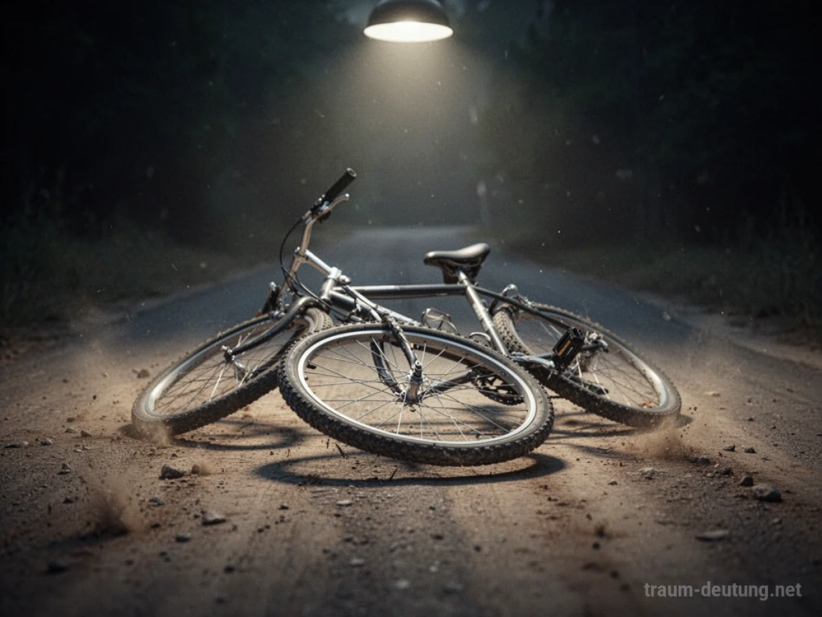 Ein Fahrrad mit einem Platten am Reifen liegt auf einer staubigen Straße.