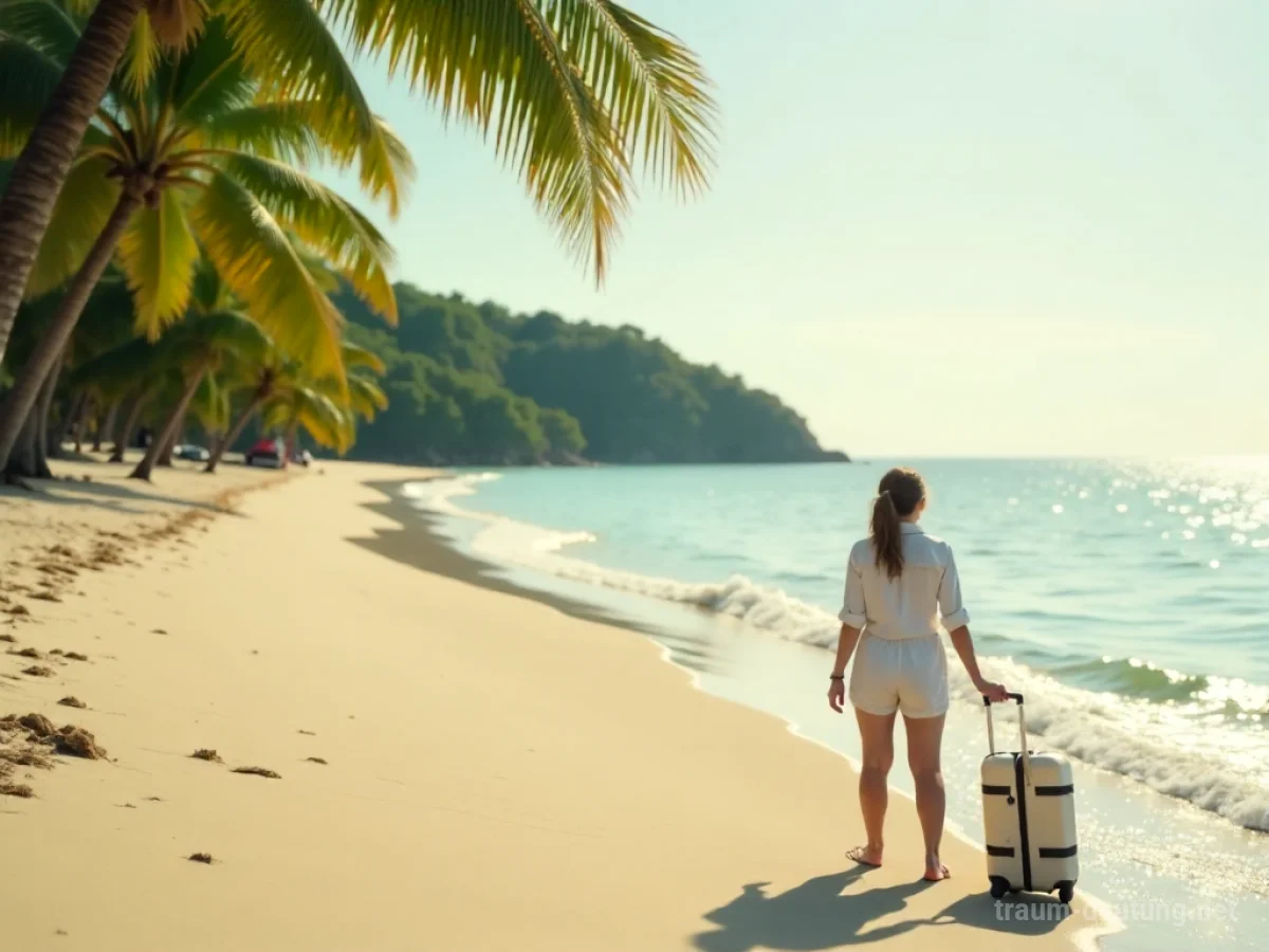 Person steht überrascht und glücklich am Strand, nachdem sie plötzlich Ferien bekommen hat.