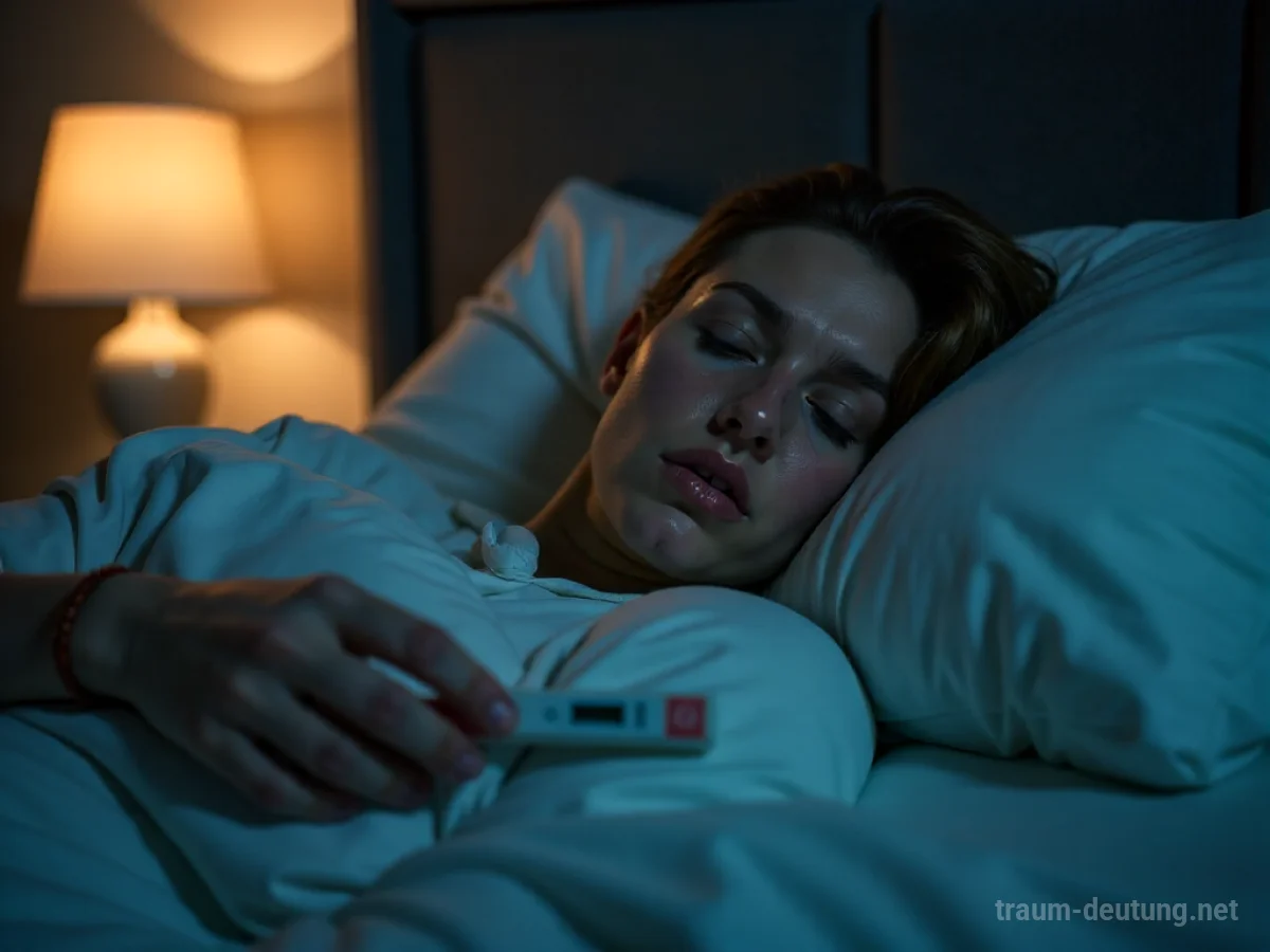 Eine Person mit Fieberthermometer im Bett, leichte Unruhe im Gesicht.