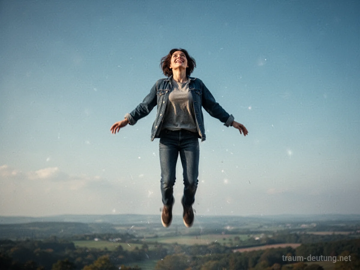 Eine Person fliegt plötzlich nach oben in den Himmel, mit einem Ausdruck von Freude.