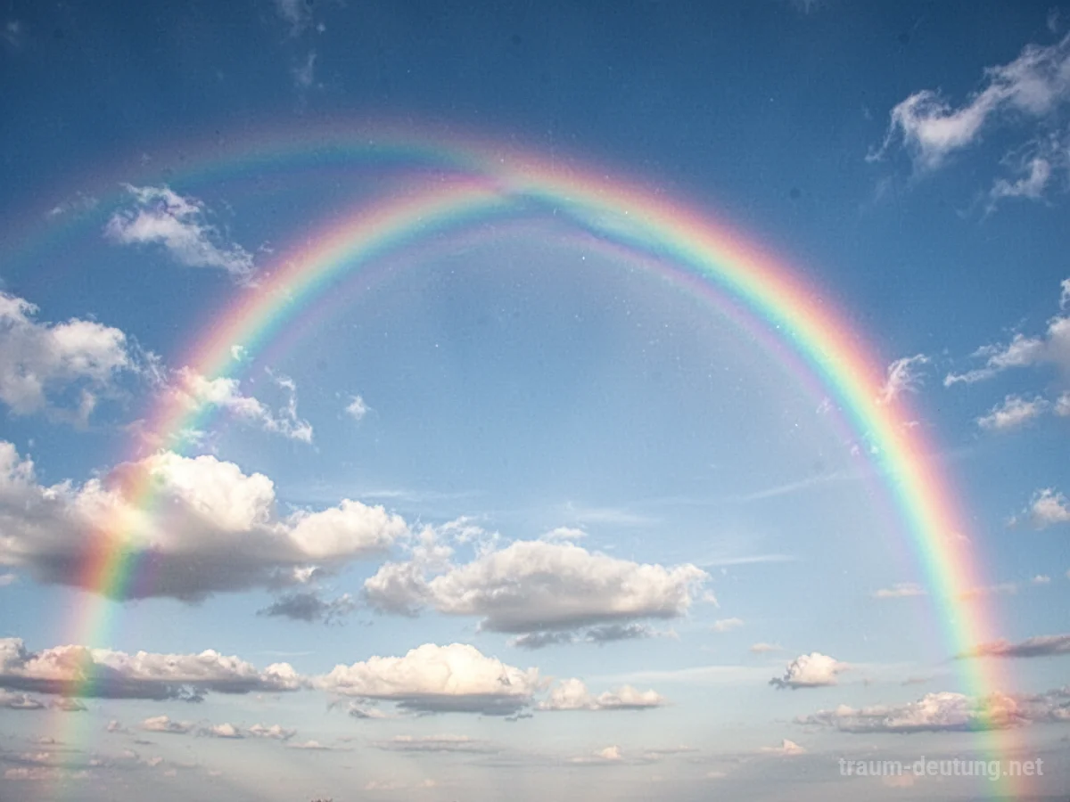 Ein leuchtender Regenbogen spannt sich über einen klaren blauen Himmel.