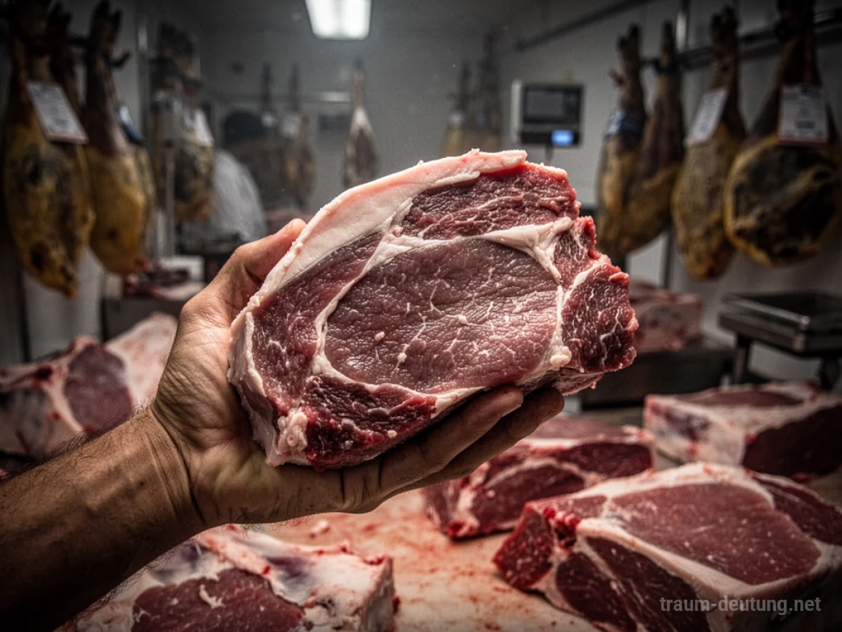 Hand hält rohes Fleisch in einer Fleischtheke.
