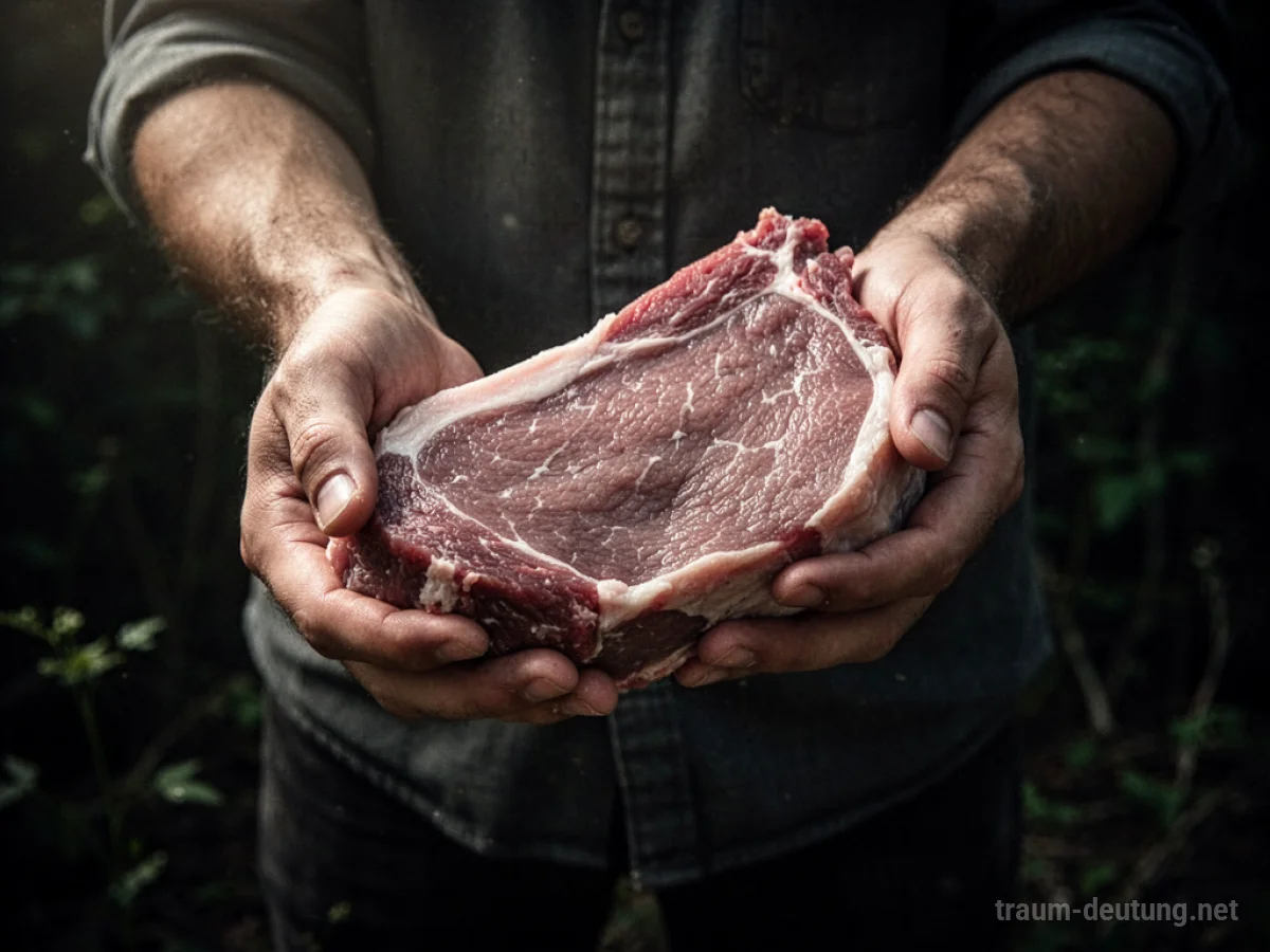 Hände halten rohes Fleisch vor dunklem Hintergrund