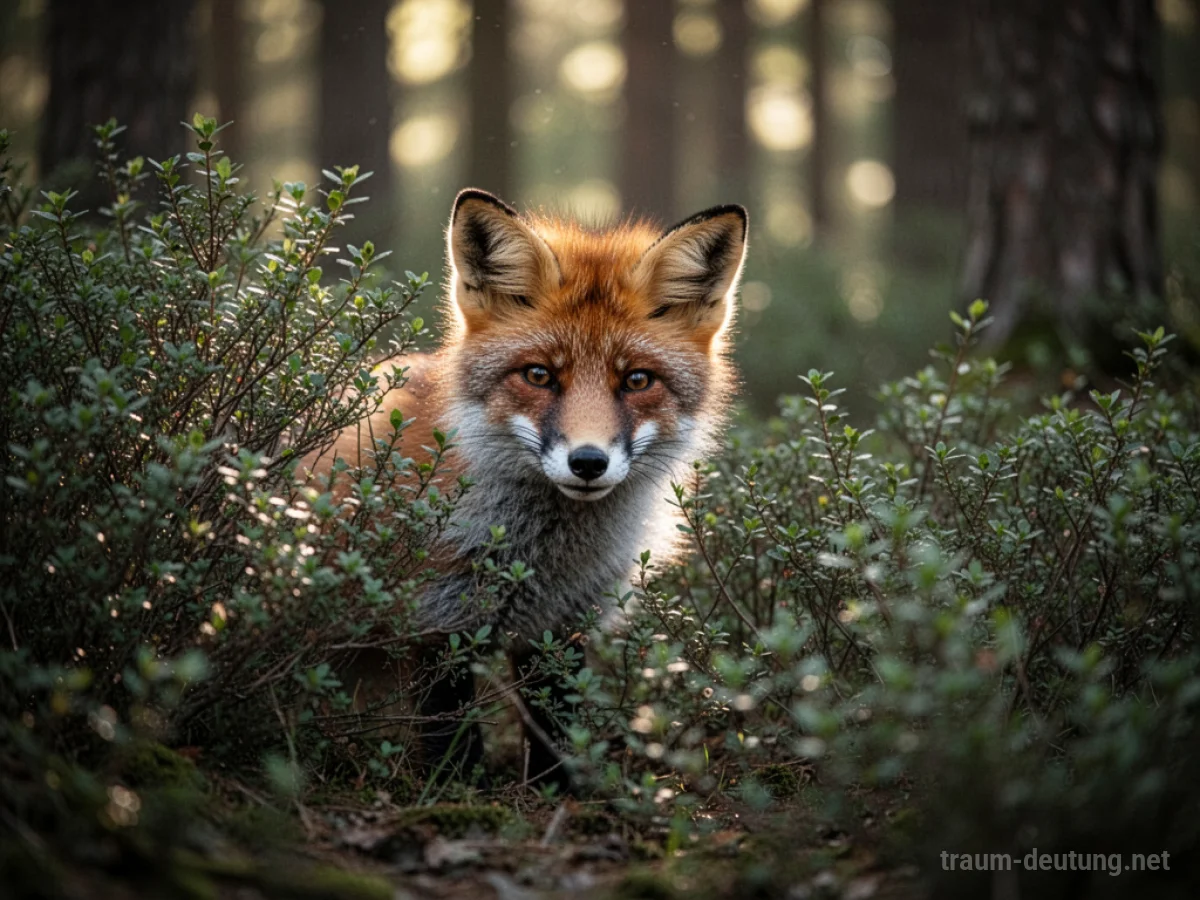 Ein roter Fuchs lugt vorsichtig aus einem Busch im Wald hervor.