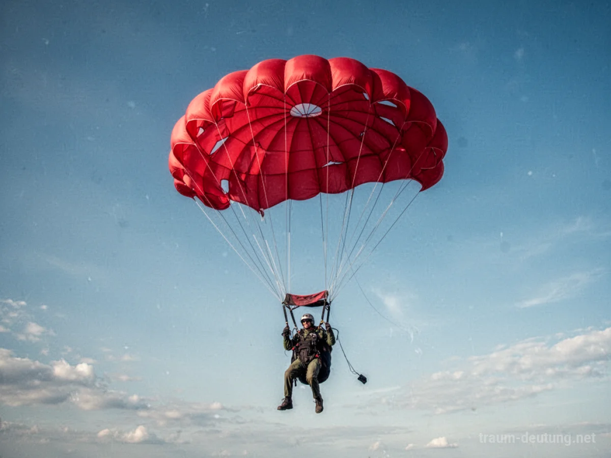 Roter Fallschirm hängt geöffnet am Himmel.