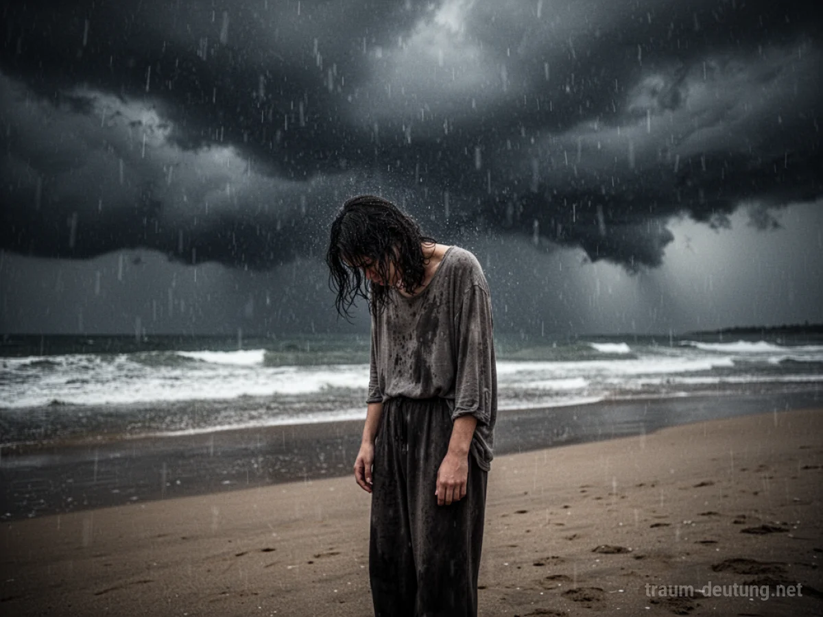 Person steht enttäuscht am Strand bei strömendem Regen und stürmischem Himmel.