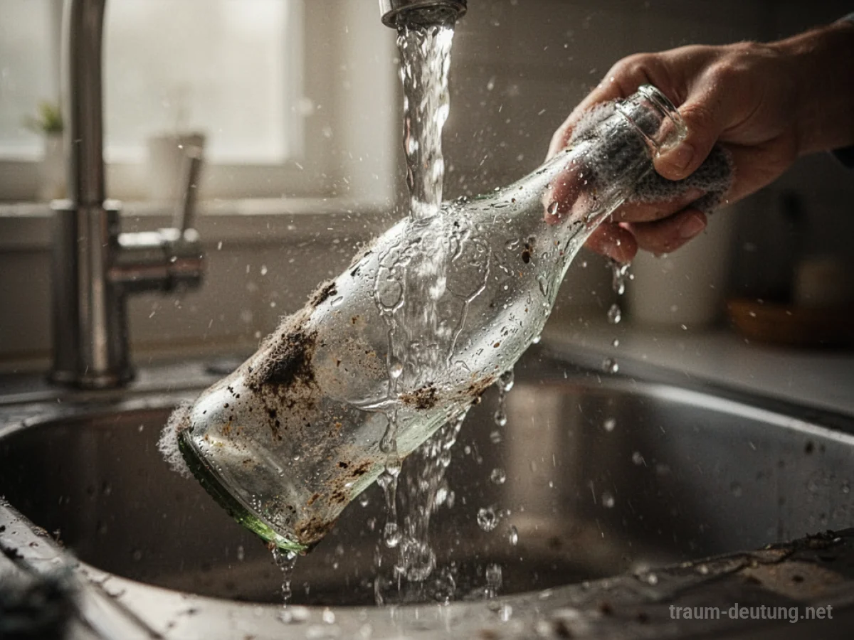 Eine schmutzige Flasche wird unter klarem Wasser gereinigt.