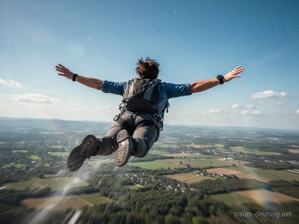 Eine Person fliegt schnell durch den blauen Himmel mit ausgestreckten Armen.