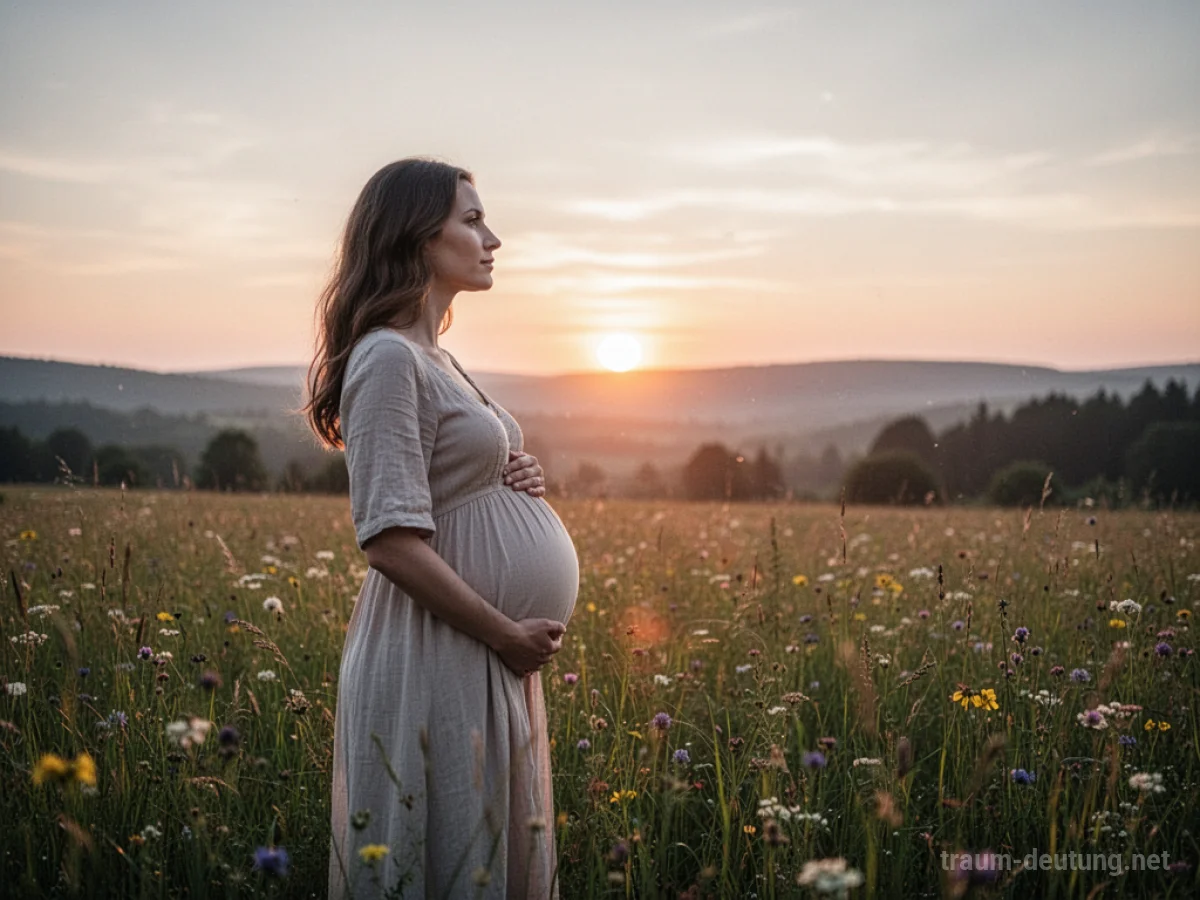 Eine schwangere Frau steht in einer sonnigen Wiese und blickt in Richtung eines sanften Sonnenaufgangs.