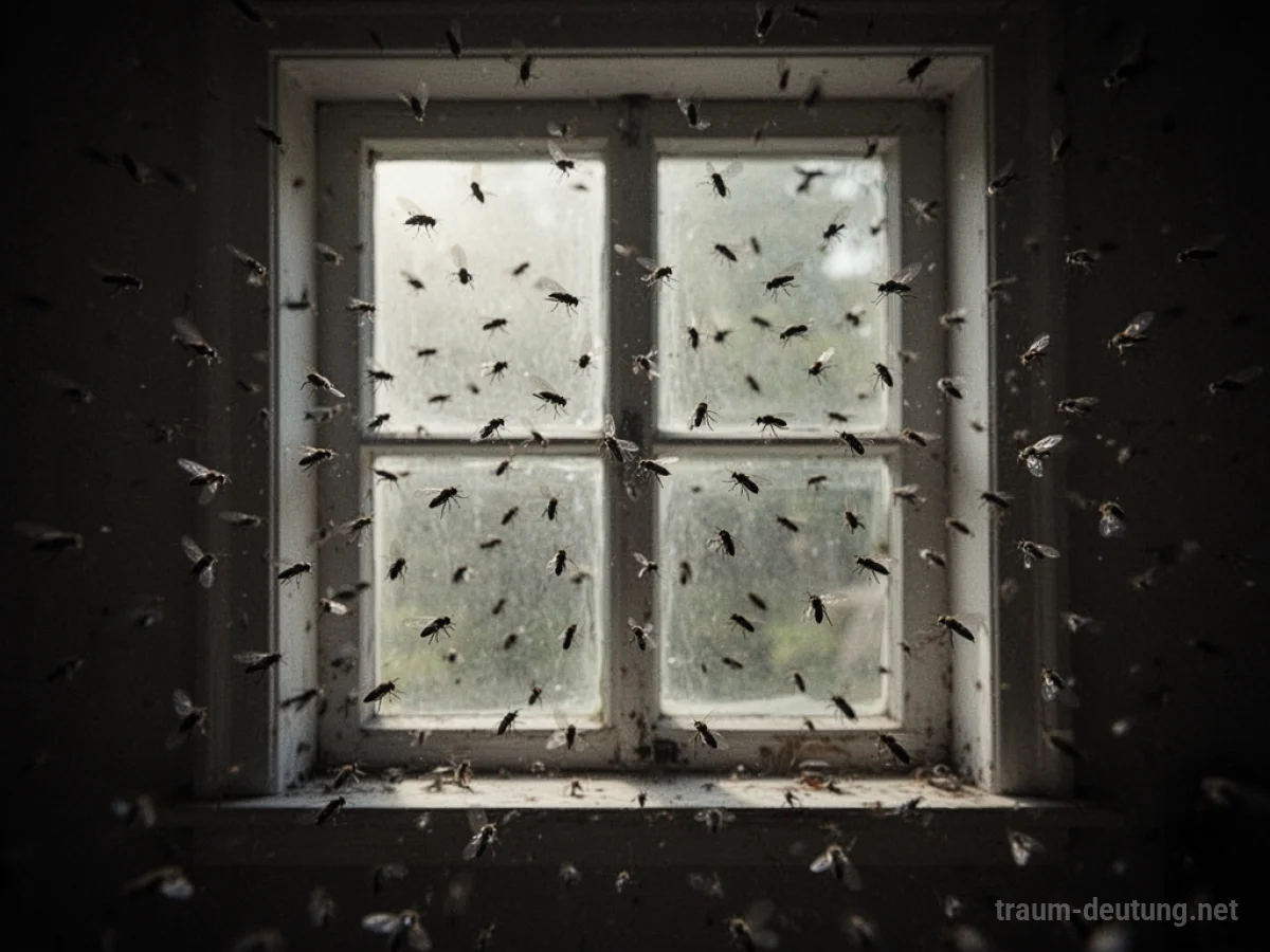 Schwarze Fliegen schwärmen um ein Fenster.