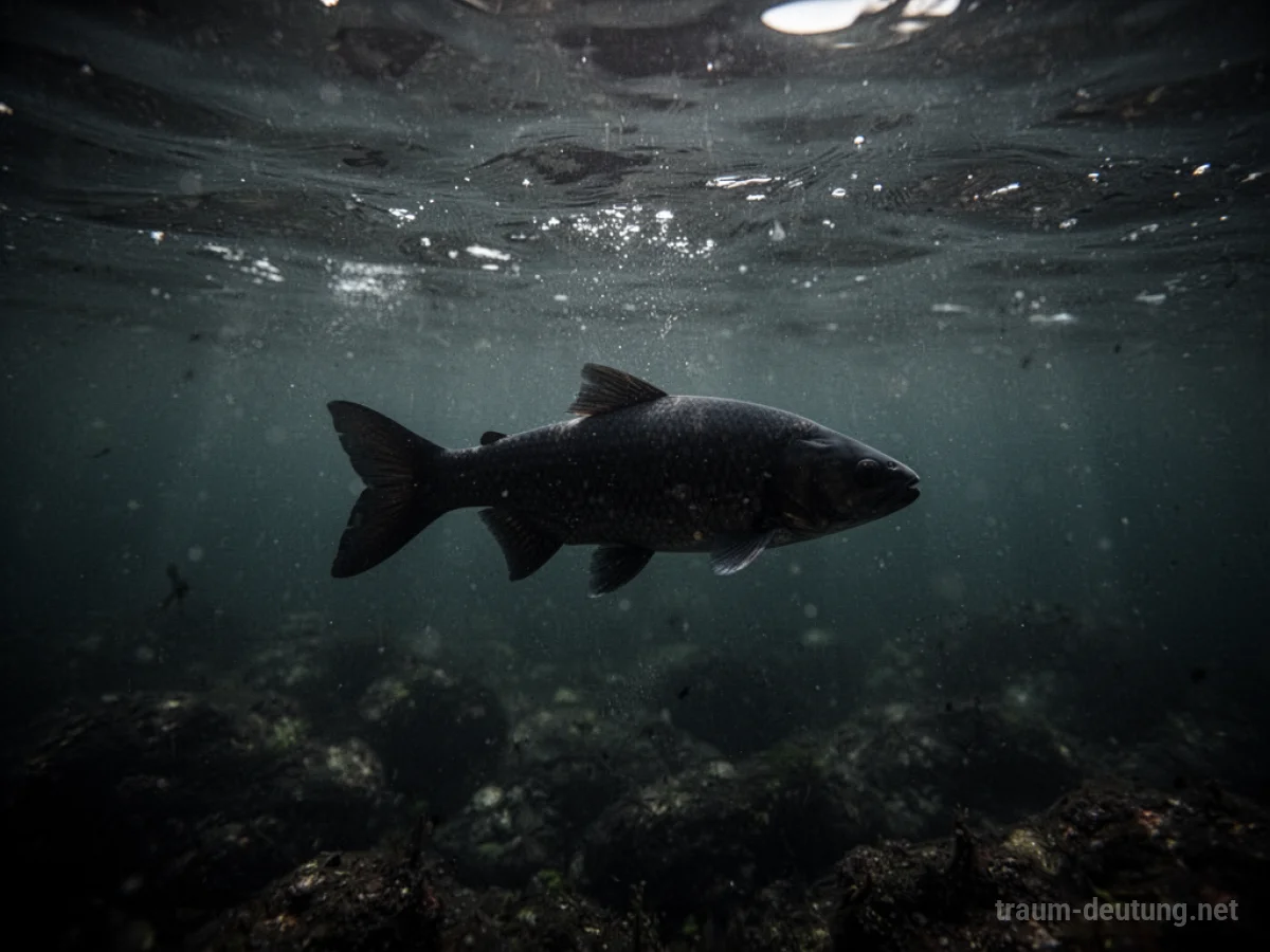 Ein schwarzer Fisch schwimmt in tiefem, trübem Wasser.