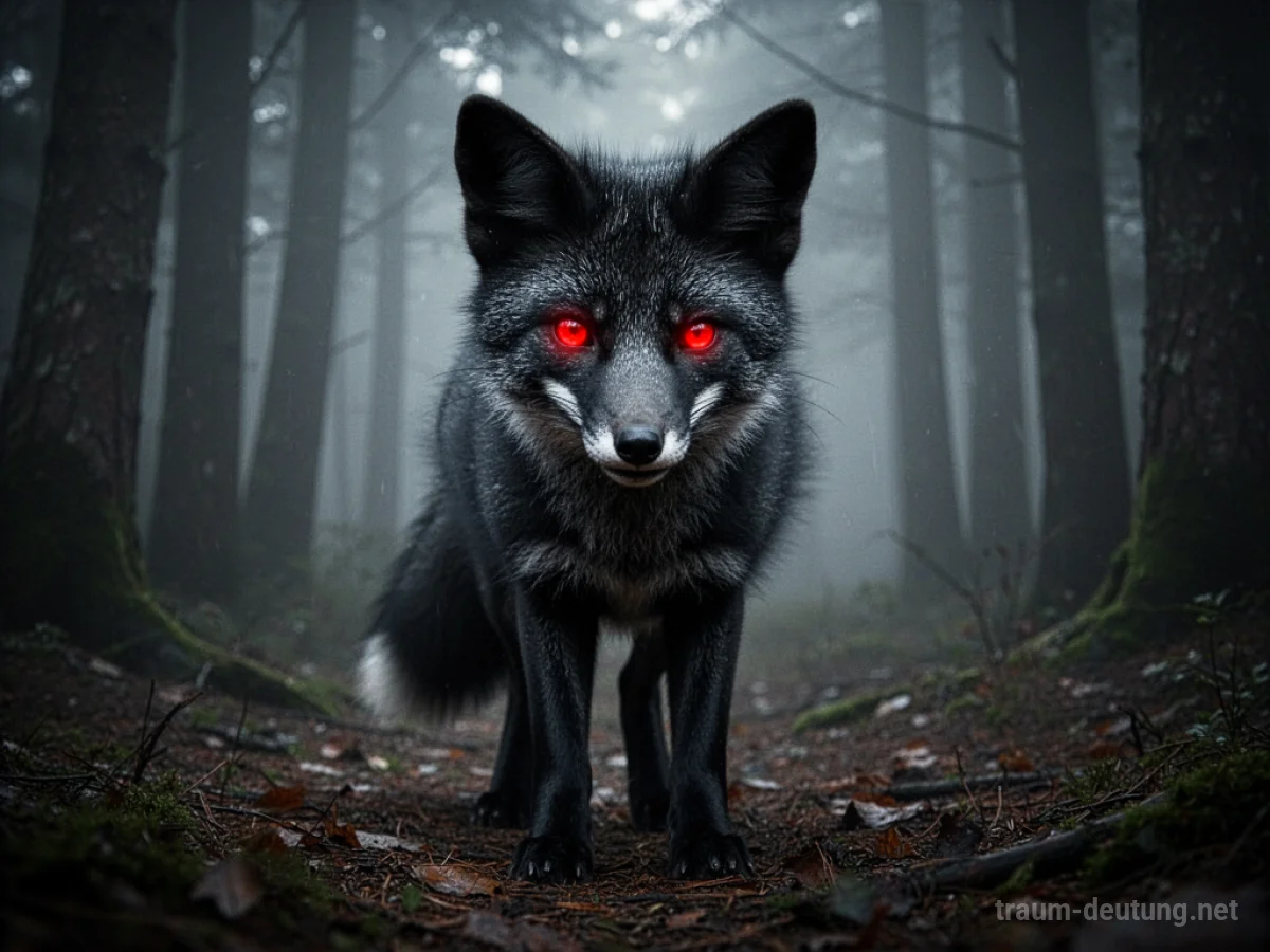 Schwarzer Fuchs im dunklen Wald mit leuchtenden Augen