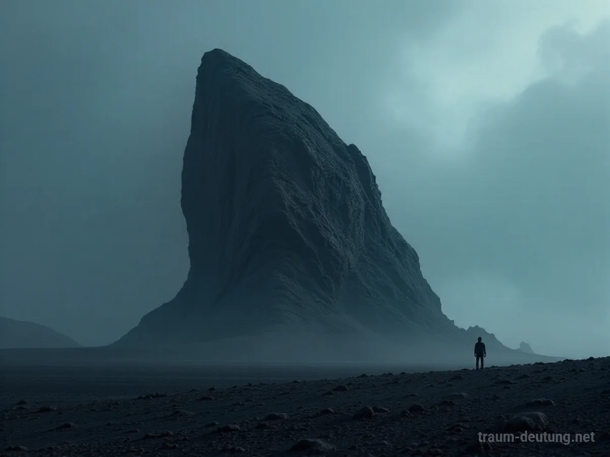 Ein großer schwarzer Fels steht allein auf einer nebligen Landschaft