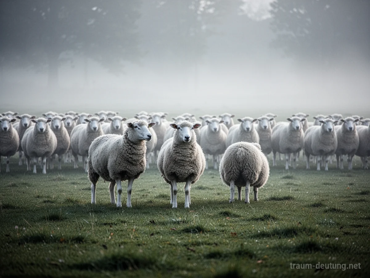 Ein einzelnes schwarzes Schaf steht abseits einer Herde weißer Schafe auf einer nebligen Wiese.