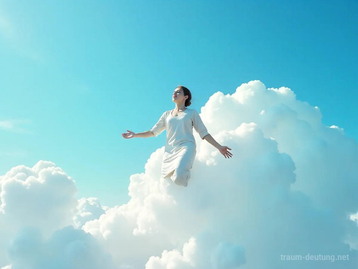 Eine Person schwebt friedlich im blauen Himmel.