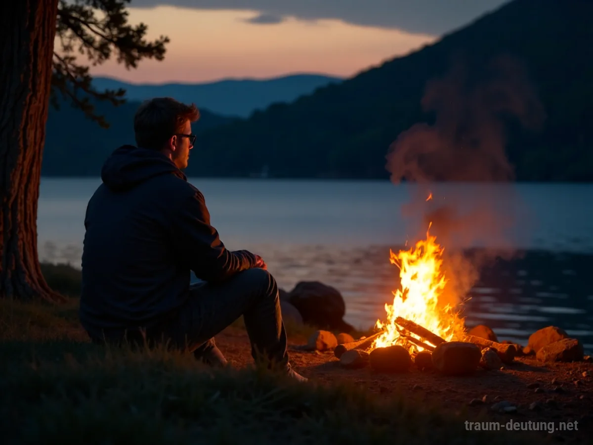 Person sitzt friedlich an einem Lagerfeuer und wärmt sich