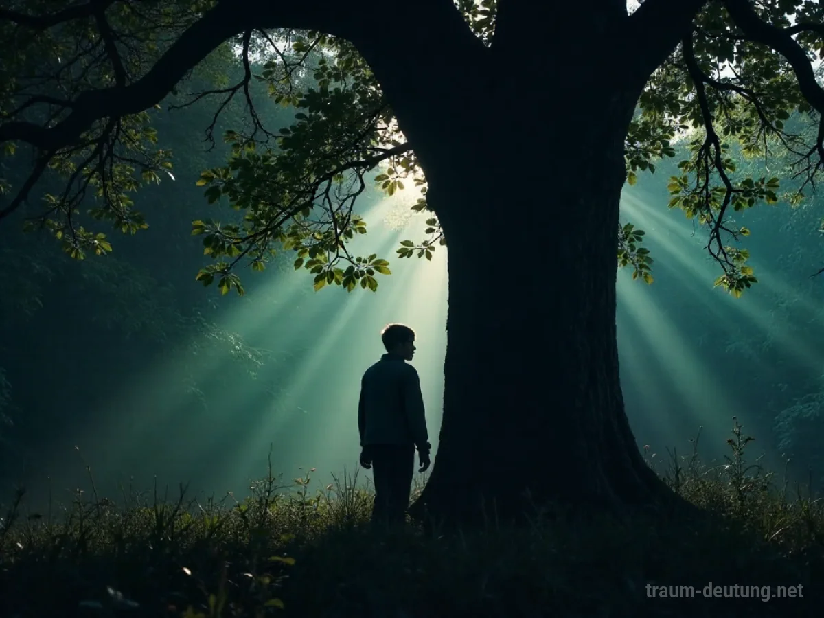 Silhouettenfigur versteckt sich hinter einem Baum im Schatten.