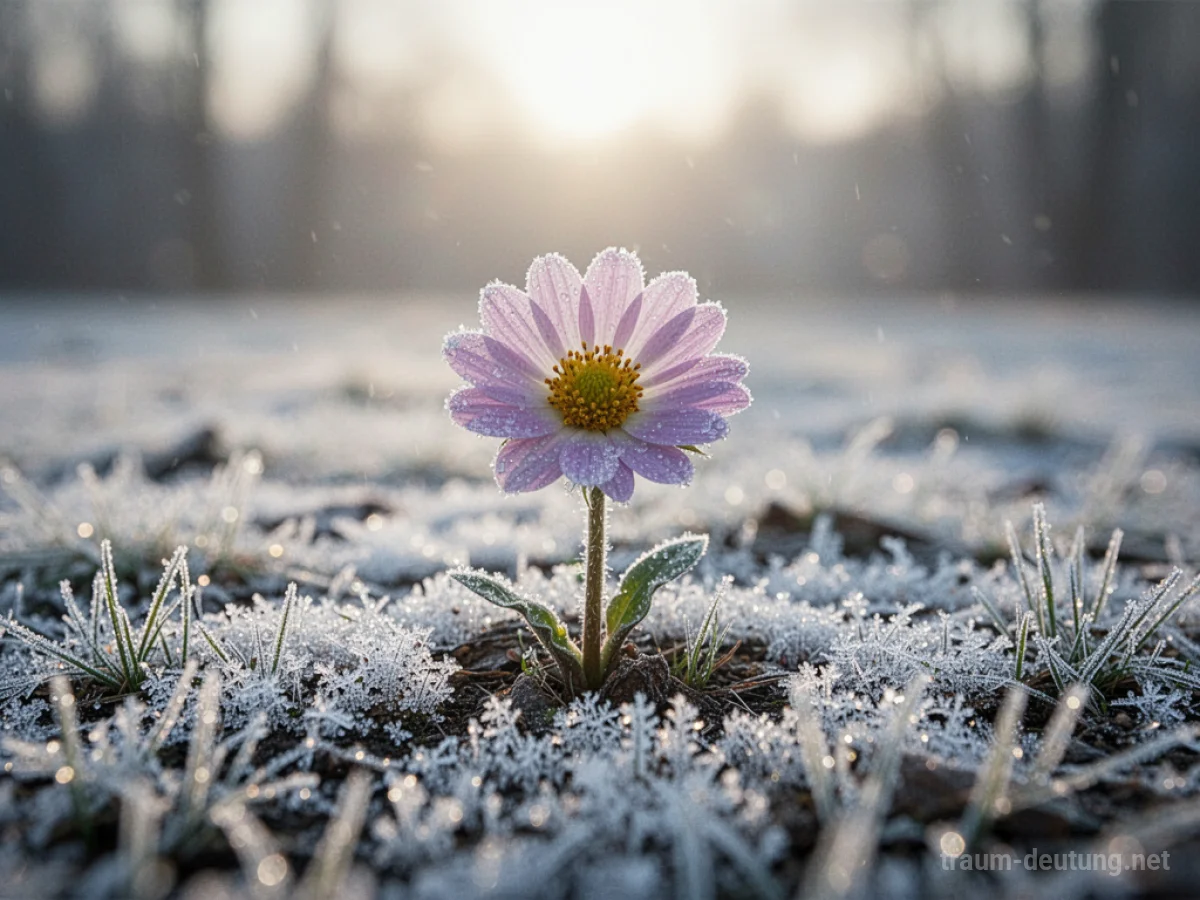 Einzelne Blume, die durch Frost sticht, im sanften Licht des späten Frühlings.