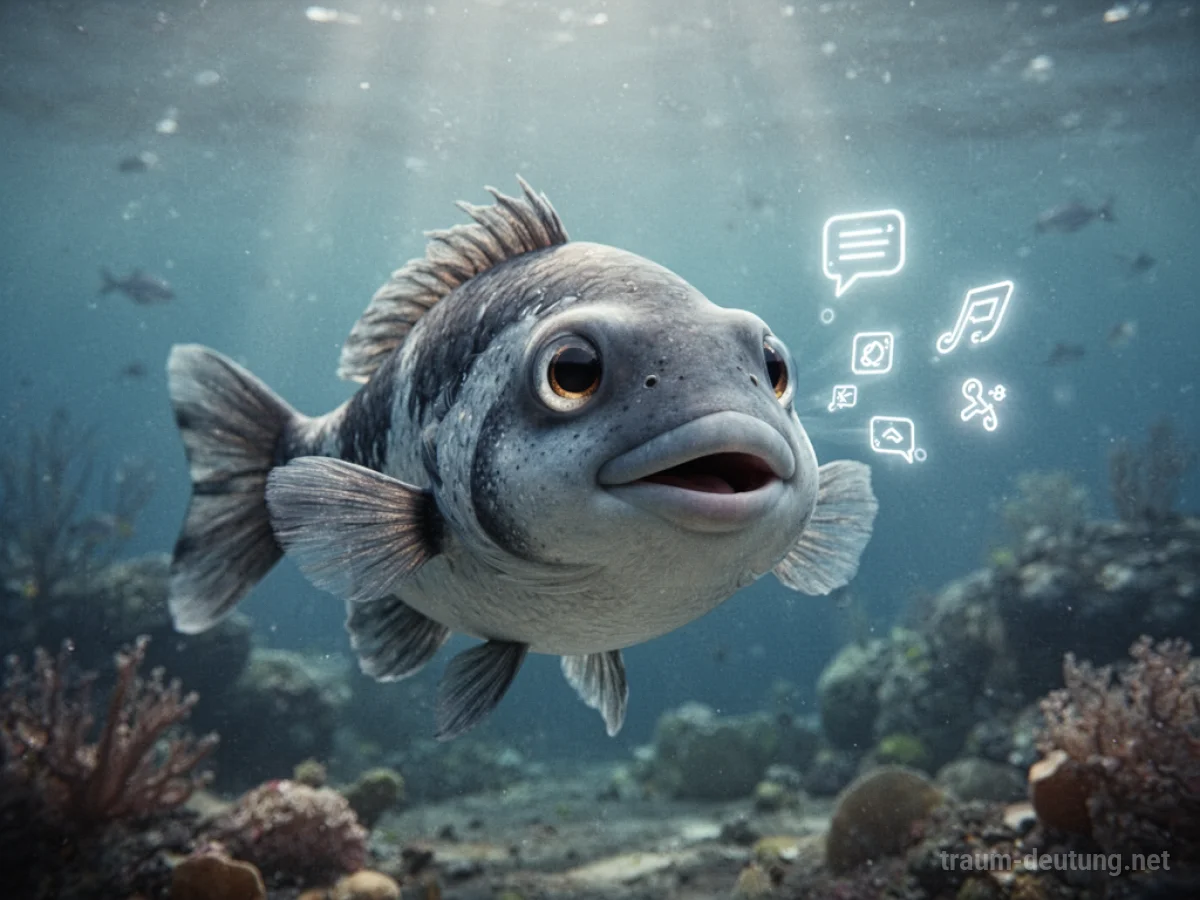 Ein freundlicher Fisch mit offenem Mund, aus dem leuchtende Symbole aufsteigen.