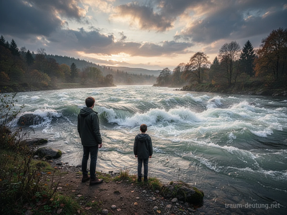 Eine Person steht am Ufer und blickt auf eine reißende Flussströmung.