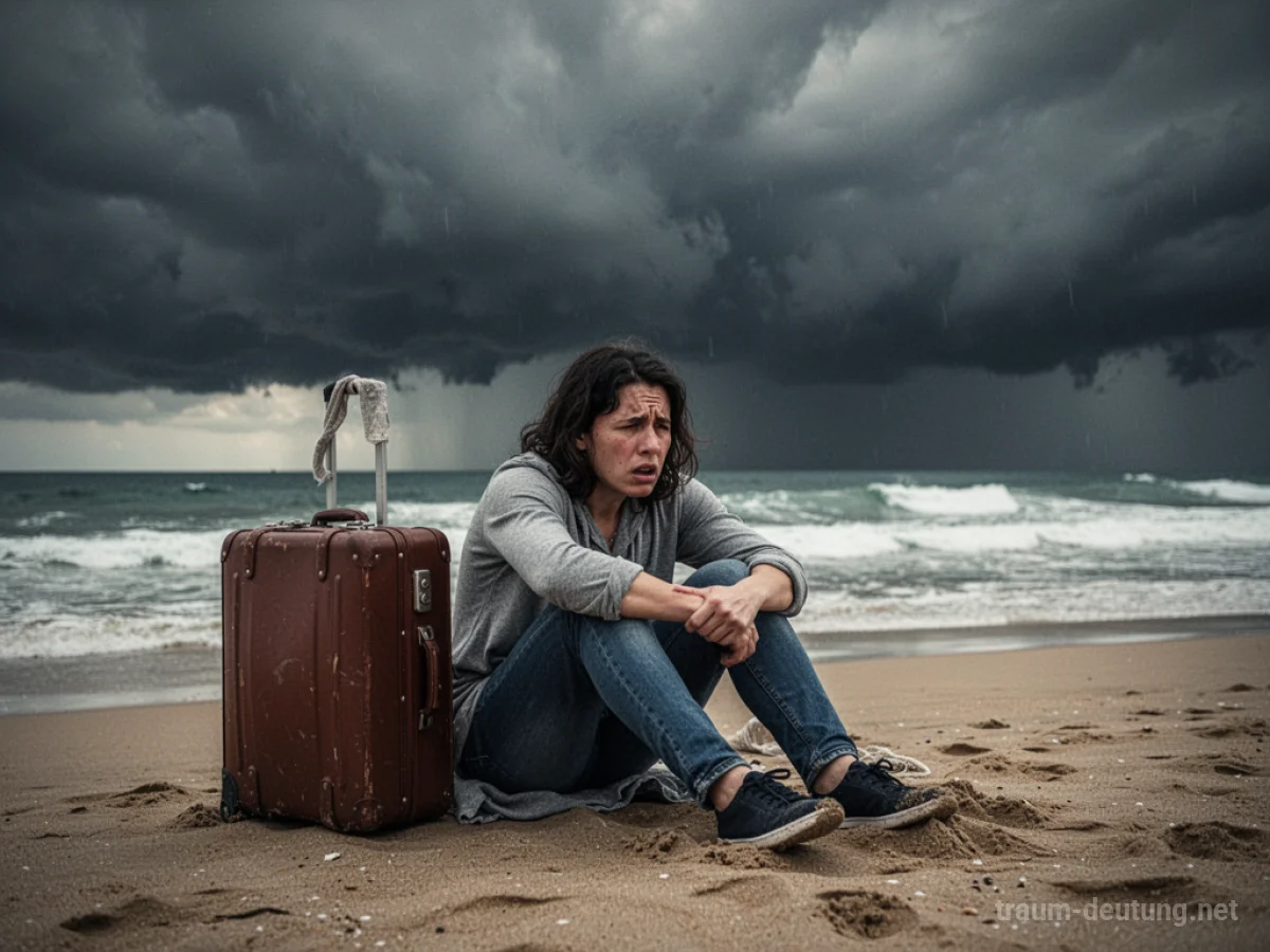 Eine Person sitzt gestresst am Strand mit einem Koffer, während dunkle Wolken aufziehen.